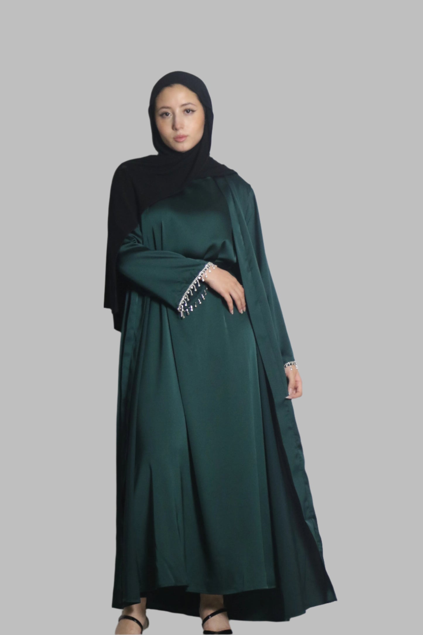 Glamorous 3-Piece Abaya with Sparkly Tassel Sleeves