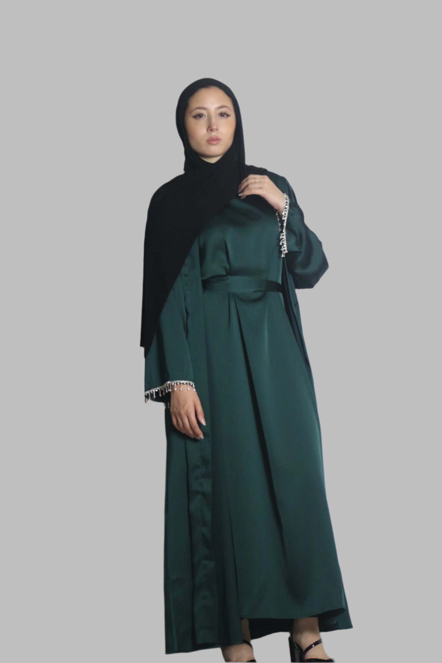 Glamorous 3-Piece Abaya with Sparkly Tassel Sleeves